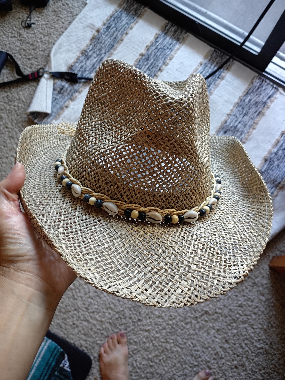 Straw Beach Fedora Hat with Shell & Bead Trim - Natural